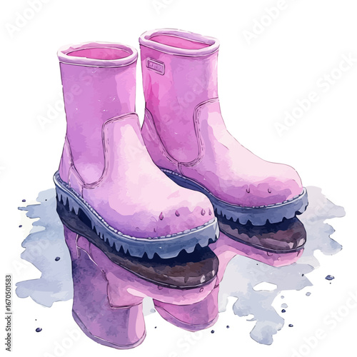 watercolor of Rain Boots Spring Puddles, vector, isolated on a white background.