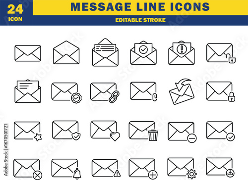 Email and Message Line Icon Set – Editable Stroke Vector Illustration