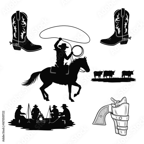 Western Cowboy Silhouette Scene with Lasso Horse Boots and Campfire Gathering depicting traditional rural lifestyle and themes