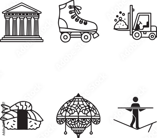 Assorted icons including architecture, sports, and food isolated on white background