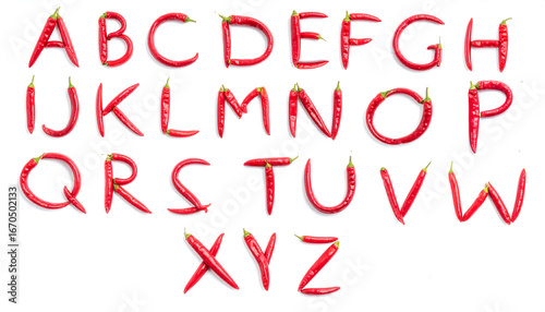 Alphabet letters made with red chili peppers and realistic textures