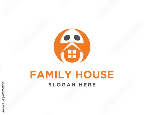 Family house logo with orange sphere home icon vector template