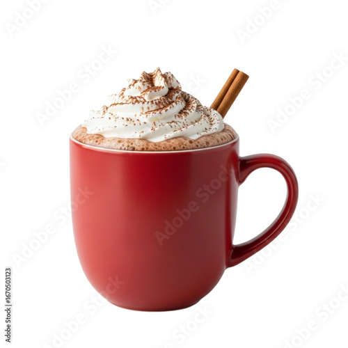 Cozy red mug filled with hot beverage topped with whipped cream and cinnamon stick transparent background