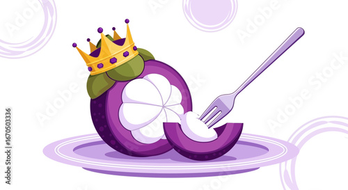 A Crowned Mangosteen on a Plate with Fork a Royal Fruit Concept