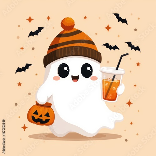 Friendly Halloween Ghost with Pumpkin and Drink
