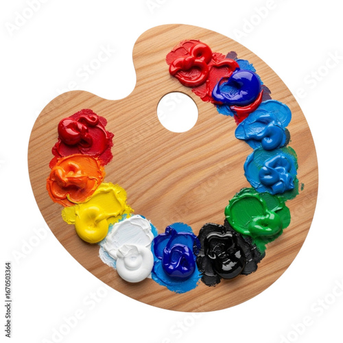 Artist's wooden paint palette filled with vibrant oil colors ready for creative expression transparent background