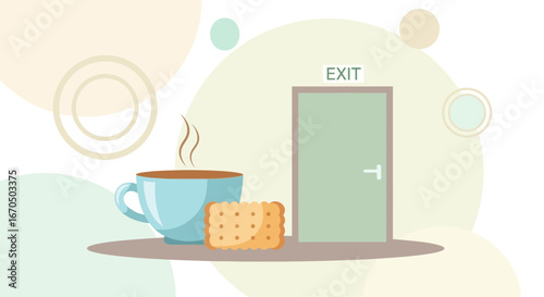 Abstract Morning Scene With Steaming Coffee Cookie And An Exit Door
