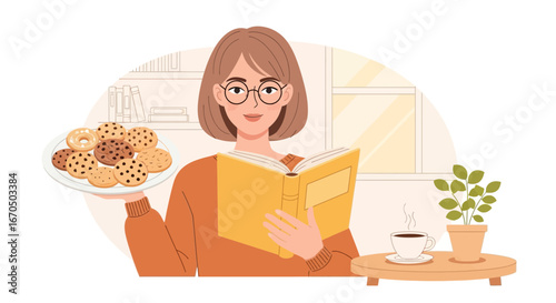 A Relaxing Moment Woman Reading Book With Cookies And Coffee At Home