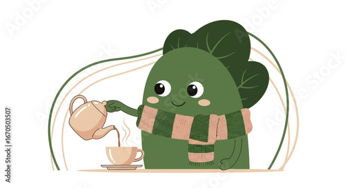 Adorable Smiling Broccoli Cartoon Pouring Tea From Teapot For a Relaxing Afternoon