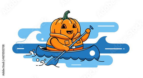 Adventurous Pumpkin Paddling a Canoe in A Cartoonish Aquatic Holiday Scene