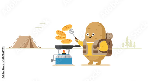 Adventurous Spud Camping Cartoon Character Cooking Pancakes Outdoors Illustration