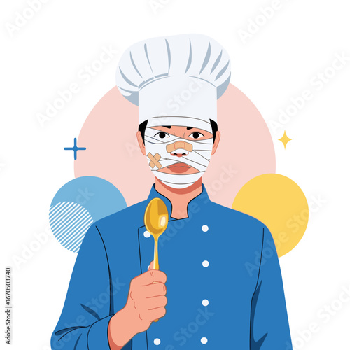Creative culinary artist with bandaged face holding a golden spoon ready to prepare delicious meals