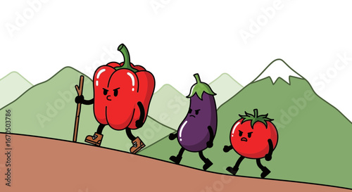 Adventurous Vegetables Hiking Through Mountains With Determined Expressions For Stock Photos
