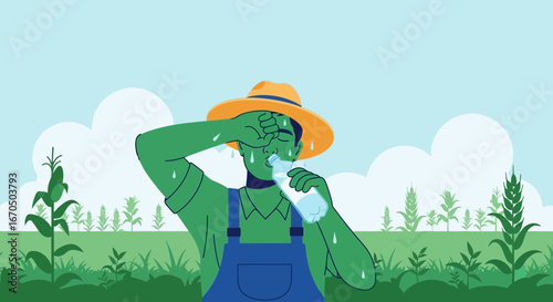 Agricultural Worker Taking Refreshment Break Thirstily Consuming Water in Cornfield