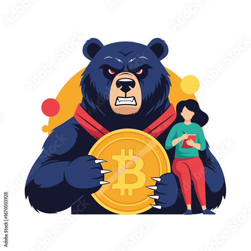 A giant angry bear dominates the financial market holding a gold bitcoin coin with a woman observing the economic downturn on her tablet