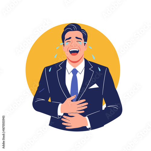 A man in a suit laughing hysterically with tears of joy streaming down his face