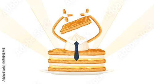 Animated Layered Pastry Character Holding a Slice For Dessert Menu Design