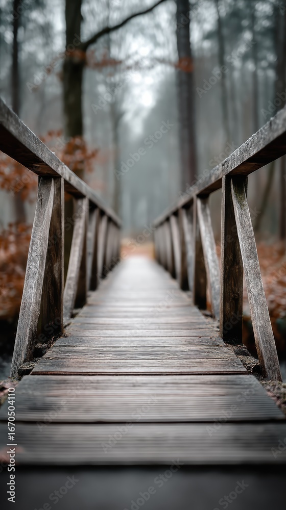 Obraz premium Timber pedestrian bridge in forest with railings