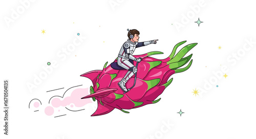 Astronaut Riding Dragon Fruit Rocket Through Space Fantasy Adventure