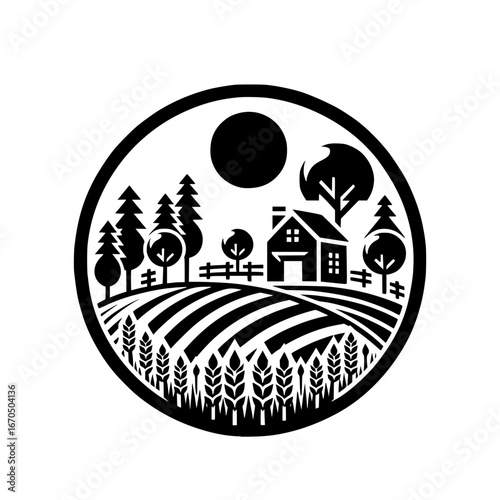 House and trees icon in black vector circular farm landscape style with transparent background 