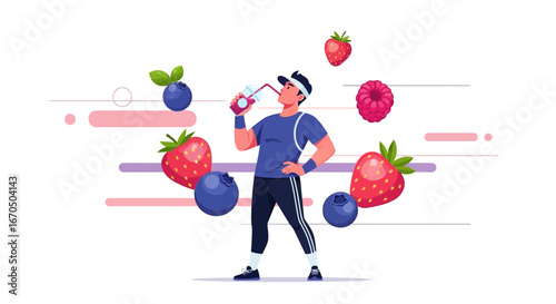 Athletic Man Drinks a Refreshing Smoothie Surrounded by Fresh Berries