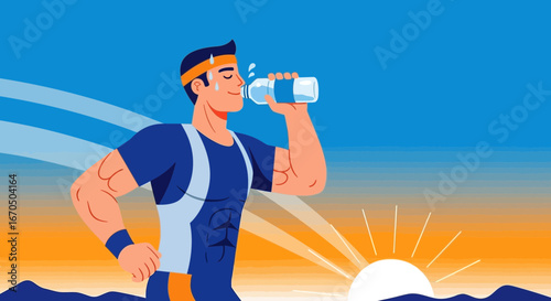 Athletic Man Hydrating After Workout Against A Vibrant Sunrise Background
