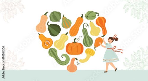 Autumnal Abundance Little Girl Arranging Colorful Gourds Into a Heart Shape