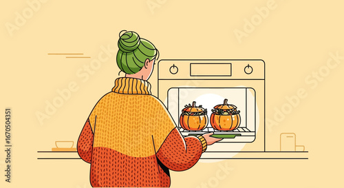 Autumnal Cuisine Woman Baking Delicious Stuffed Pumpkins In Oven At Home