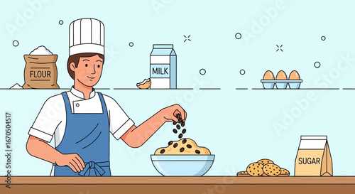 Baker Adding Chocolate Chips To Dough In Kitchen With Ingredients For Cookies Preparation