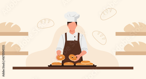 Baker Arranging Freshly Baked Bagels In A Bakery Culinary Workplace