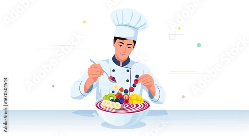 Chef Creatively Decorating an Acai Bowl with Colorful Fresh Fruits and Berries