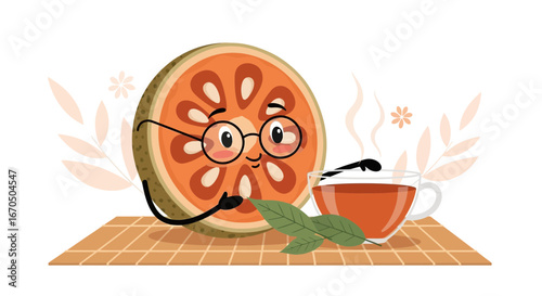 Bael Fruit Character Enjoying A Cup Of Bael Tea Cartoon Illustration