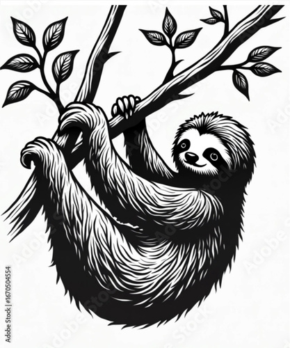 Sloth in the Canopy: This enchanting grayscale illustration portrays a serene sloth hanging from a branch, surrounded by leaves, embodying peacefulness and slow living.