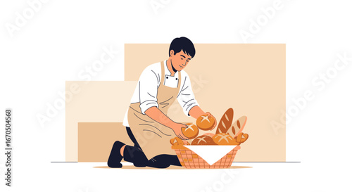 Baker Arranging Freshly Baked Bread In Wicker Basket On Beige Background