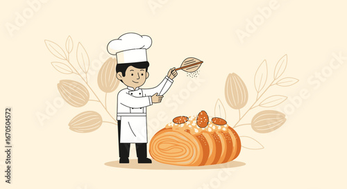 Chef Decorating An Almond Pastry Roll For Bakery Product Presentation Design