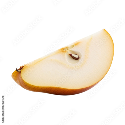 A single slice of crisp golden apple with visible seeds and peel isolated on a clean background transparent background