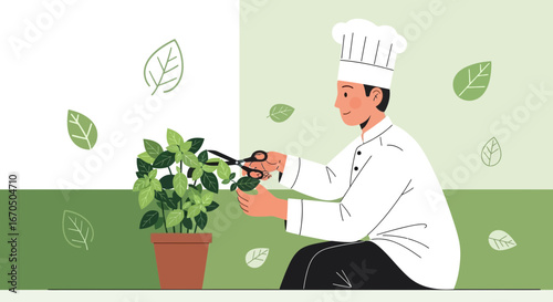 Chef Harvesting Fresh Herbs For Gourmet Cuisine Preparation In A Restaurant