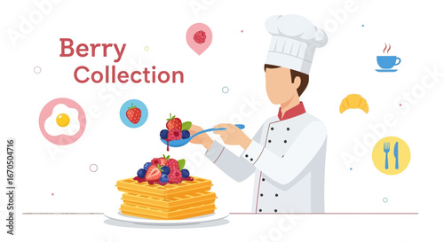 Chef Decorating Waffles With Fresh Berry Illustration For Breakfast Menu