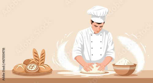 Baker Prepares Fresh Dough For Baking Delicious Bread Products Vector Illustration