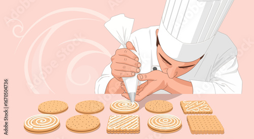 Chef Is Decorating Cookies With Cream Design Culinary Art Illustration