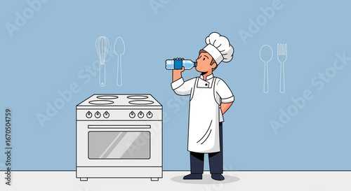 Chef Hydrating With Water Bottle By Stove In Kitchen Illustration Design