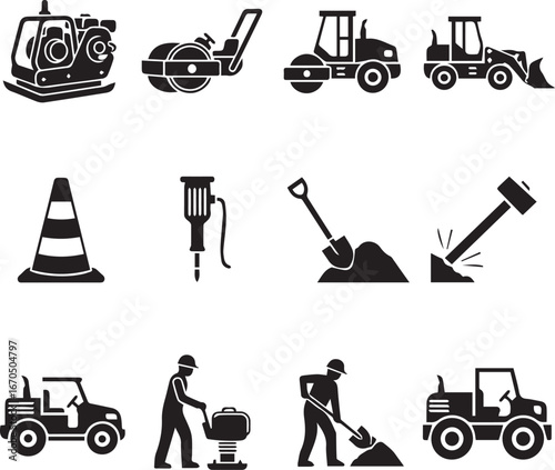 Set of construction equipment and worker icons isolated on white background