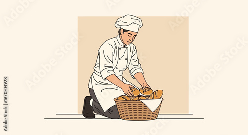 Bakery Worker Carefully Arranging Freshly Baked Bread In Wicker Basket