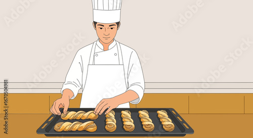 Chef Preparing Freshly Baked Twisted Bread Rolls In A Bakery Kitchen