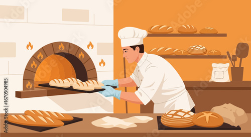 Baking Delicious Bread In A Wood Fired Oven At The Bakery Shop
