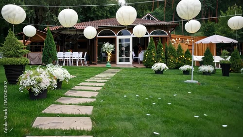 Beautifully arranged garden setting with lanterns and flowers, providing a perfect ambiance for a joyful event with friends and family
