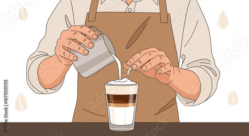 Barista Pouring Frothed Milk Into Coffee Glass Preparing Layered Drink