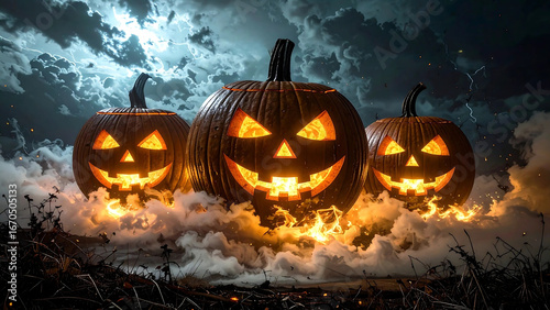A spooky trio of glowing Jack-o'-lanterns with evil smiles sitting in a misty field under a dramatic, stormy Halloween night sky with lightning