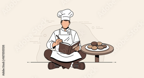 Chef Sits And Records Cookie Recipes In His Recipe Book Delicious Pastry