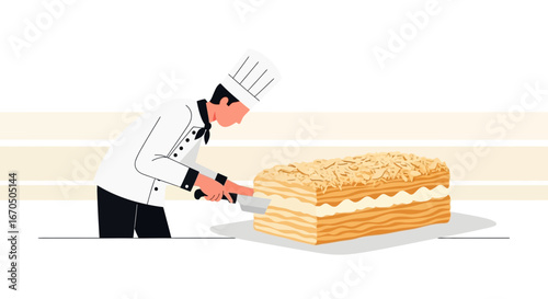 Chef Slicing Delicious Layered Cake With Cream Filling And Golden Crumbles